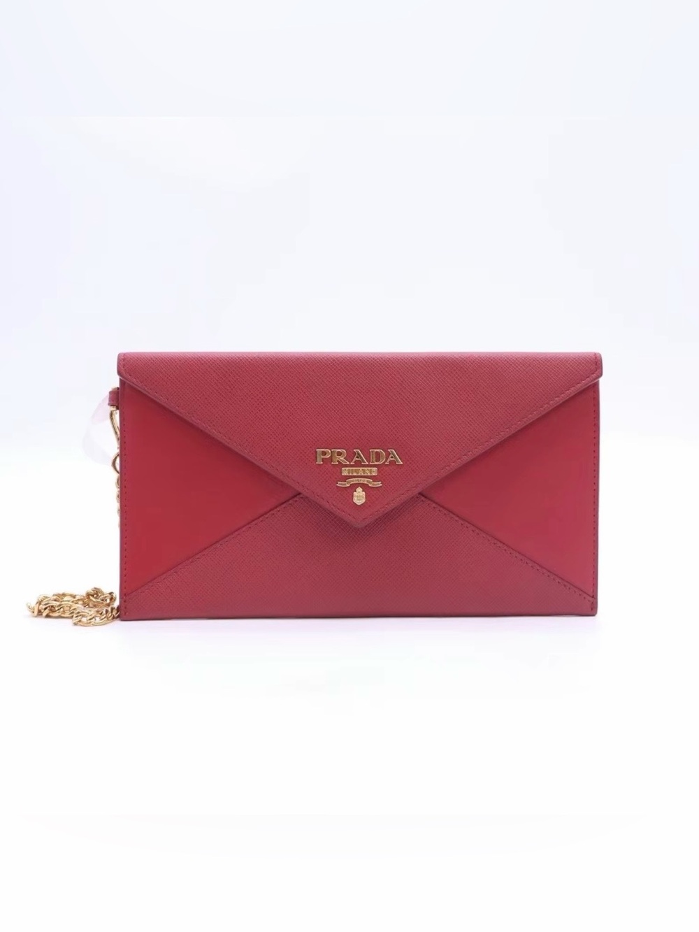 Prada Red Saffiano Leather Envelope Wristlet with Gold Chain and COA
